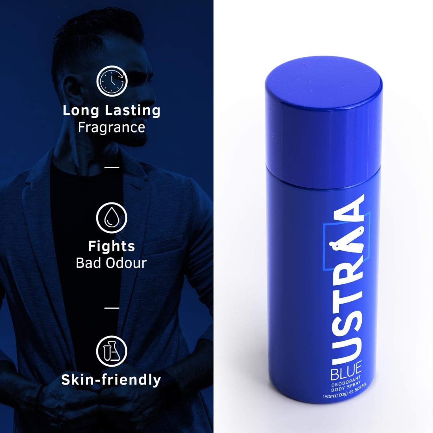 Image of USTRAA Blue Deodorant - Cool & Aquatic Fragrance | Boosts Freshness | Fights Bad Odour Deodorant Spray - For Men