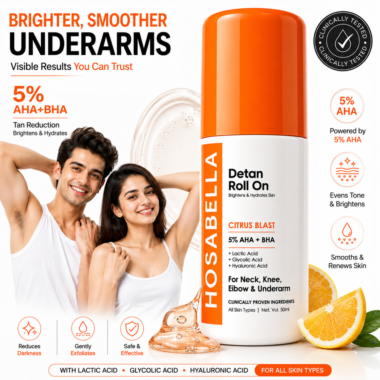 HOSABELLA Detan Roll On – 5% AHA BHA Neck Knee Elbow Underarm Deodorant Roll-on  -  For Men & Women