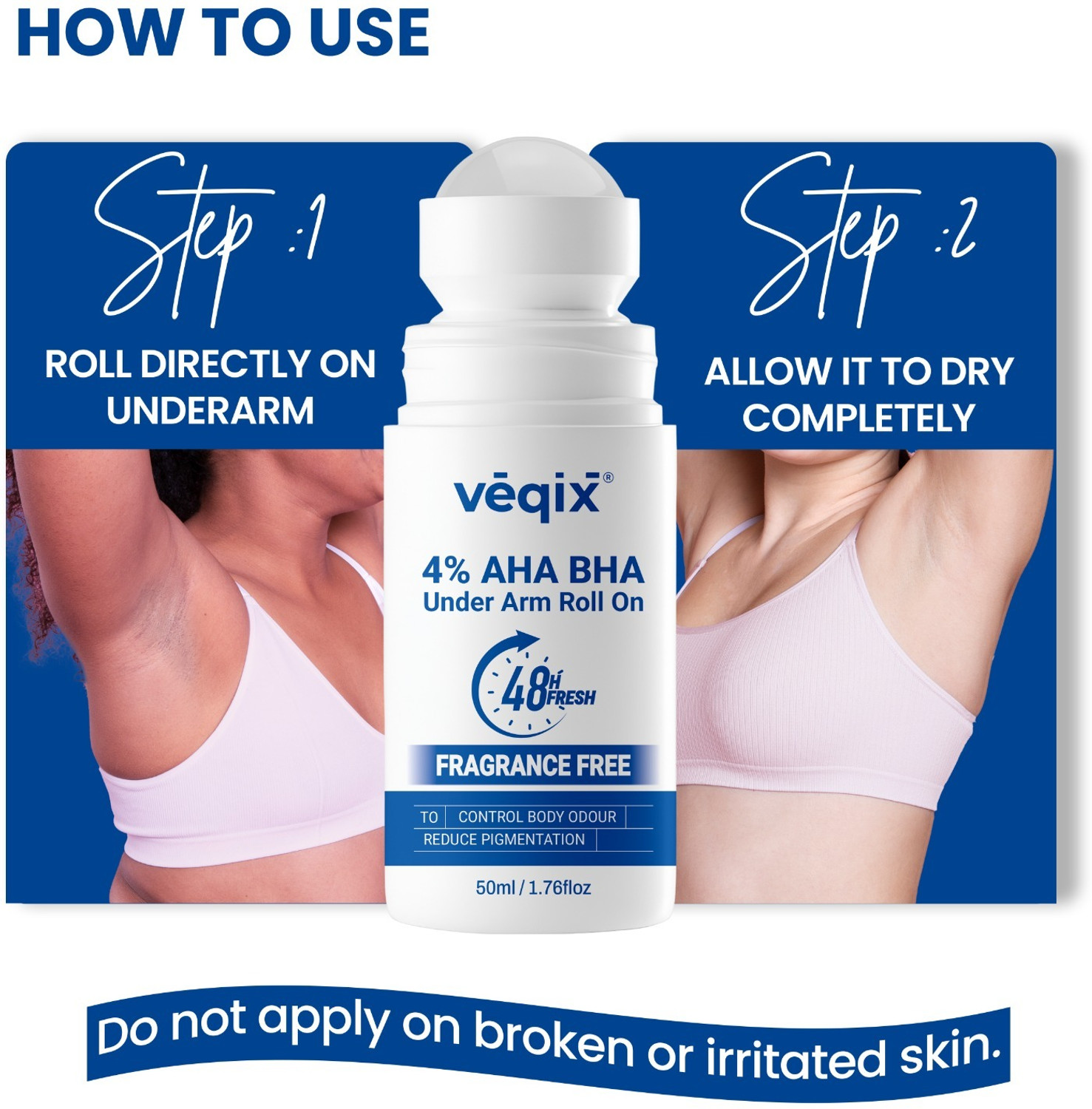 Image of veqix 4% AHA BHA | Reduces Pigmentation & Odour | Fragrance Free Underarm Deodorant Roll-on - For Women