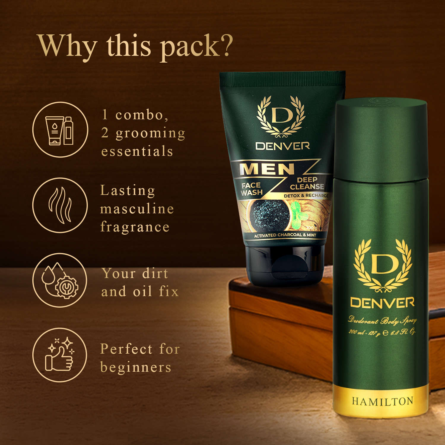 Image of DENVER Beginner's Grooming Combo|Hamilton 200 g+ Deep Cleanse Facewash 100 g Deodorant Spray - For Men