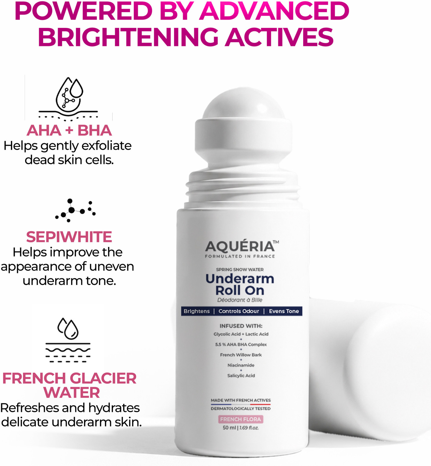 Image of Aqueria Multi Active Underarm Roll On | 5.5% AHA BHA, Niacinamide - Flora Fragrance Deodorant Roll-on - For Men & Women