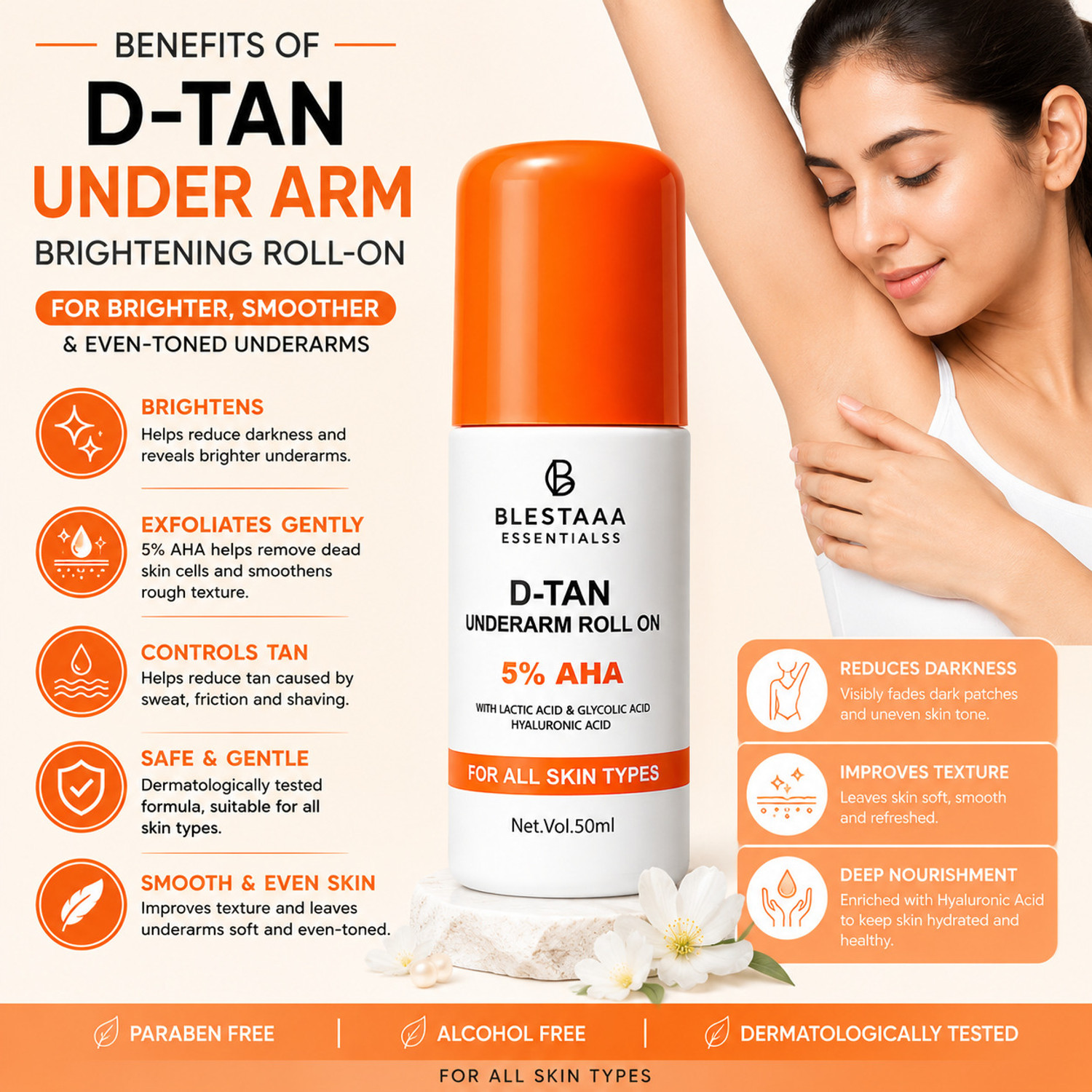 Image of blestaaa essentialss 5% AHA BHA Underarm Roll On Helps Reduce Tan and Brighten Skin Fast Deodorant Roll-on - For Men & Women