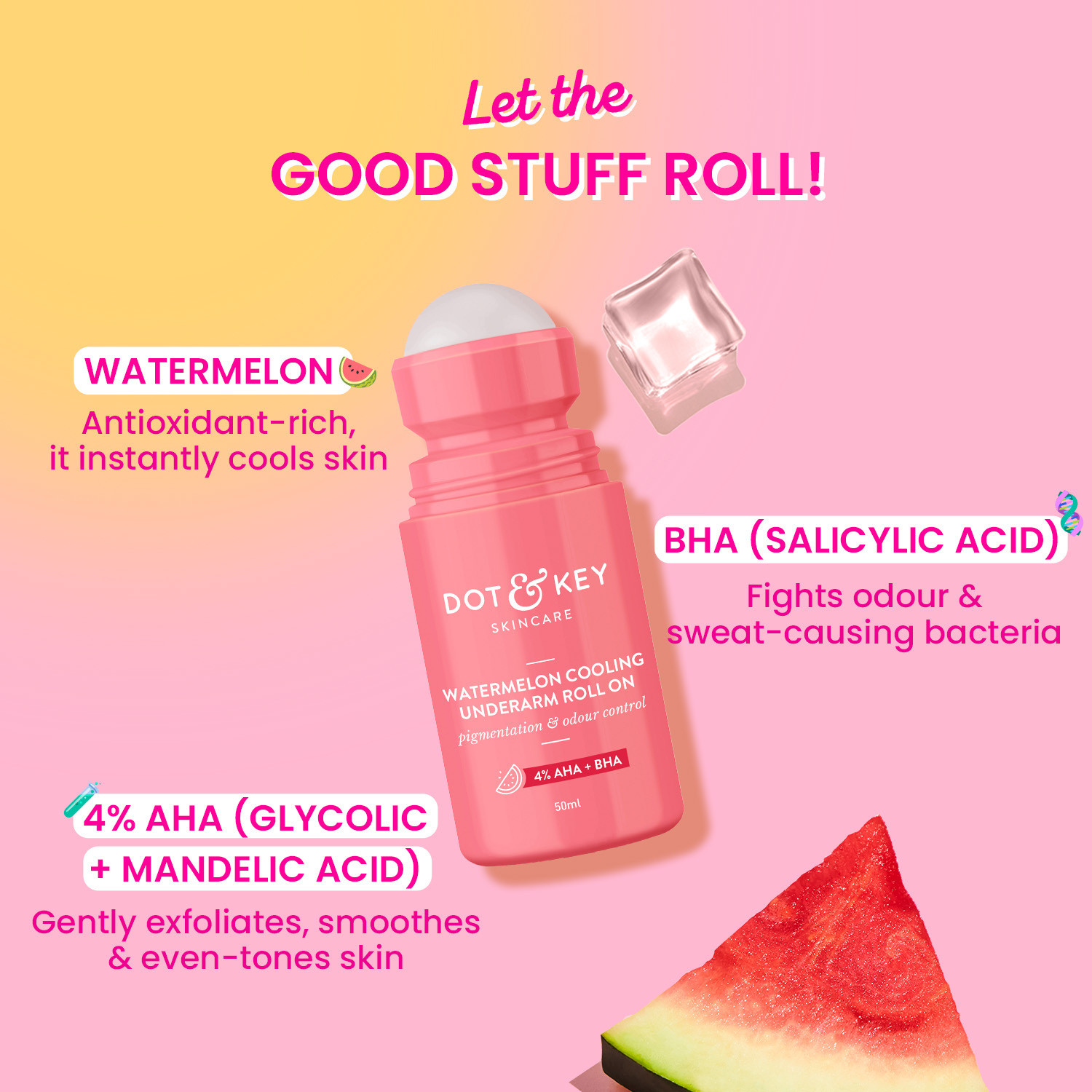 Image of Dot & Key Watermelon Cooling Underarm Roll On,Odour & Sweat Controls,Smooths Skin Deodorant Roll-on - For Men & Women (50 ml)