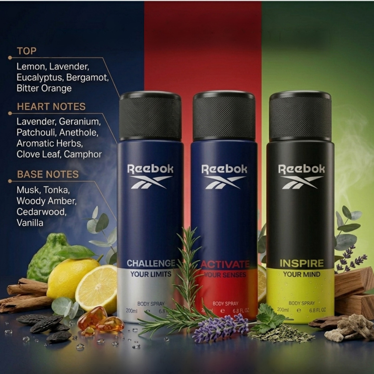 Image of REEBOK Challenge + Activate + Inspire Deodorant Body Spray Combo for Men 3x200ml Body Spray - For Men