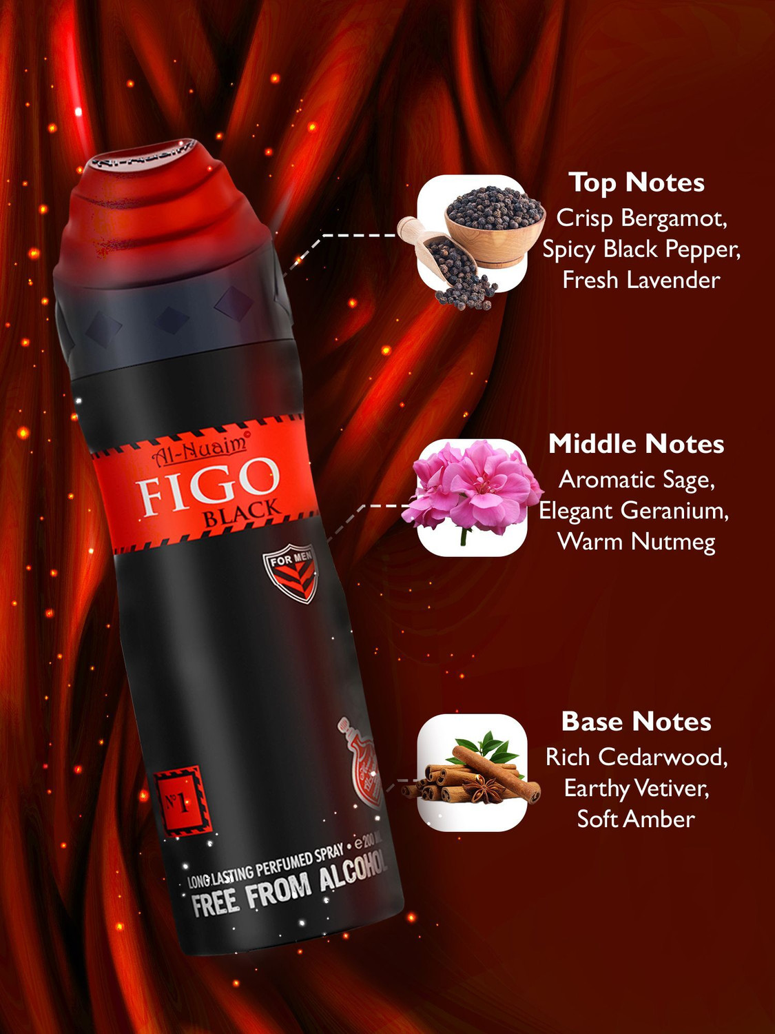 Image of Al-Nuaim Figo Black Alcohol Free Deodorant Body Spray - For Men