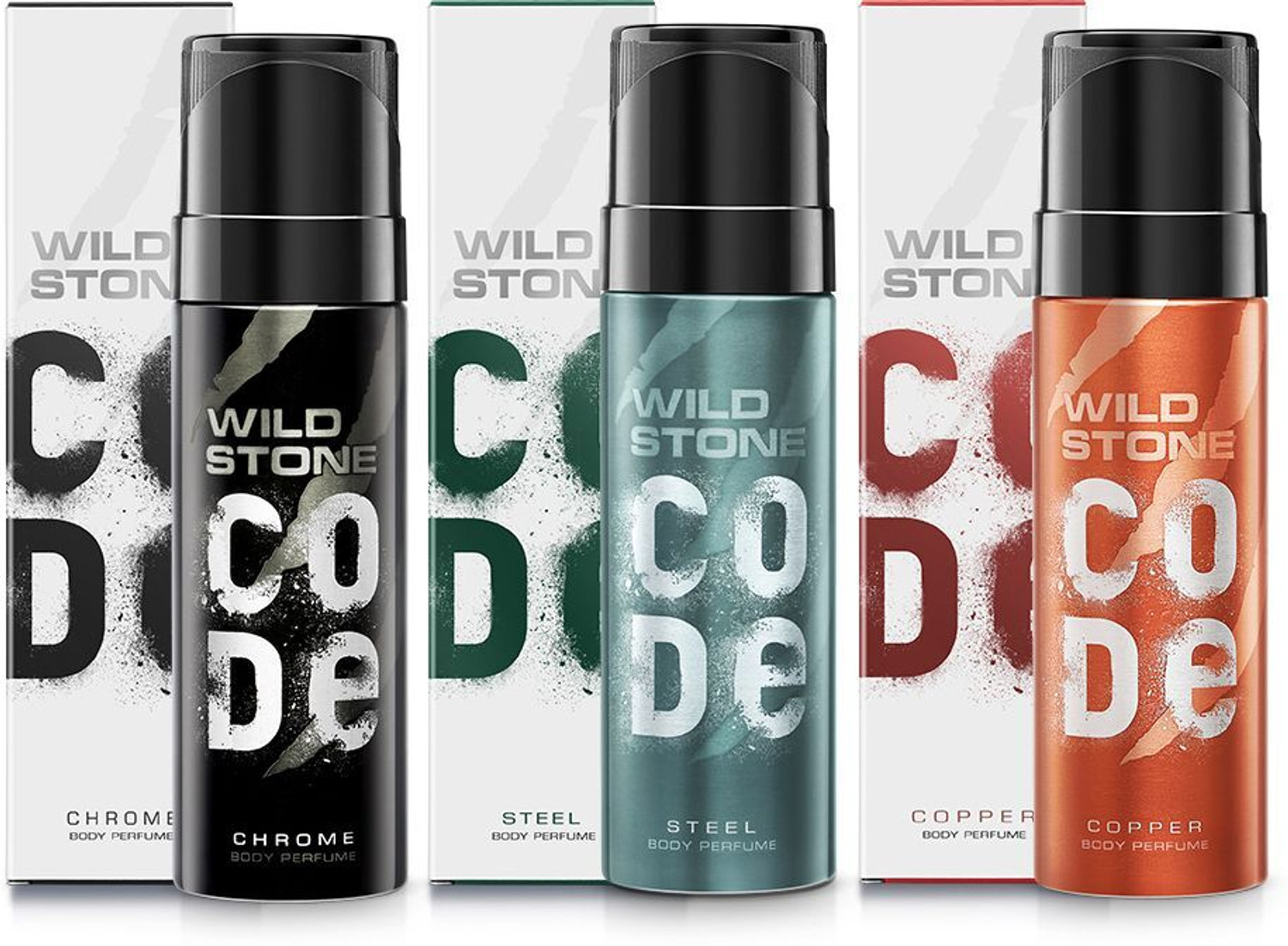 Image of Wild Stone CODE Chrome, Copper & Steel Body Perfume for Men (150 ml each) Perfume Body Spray - For Men