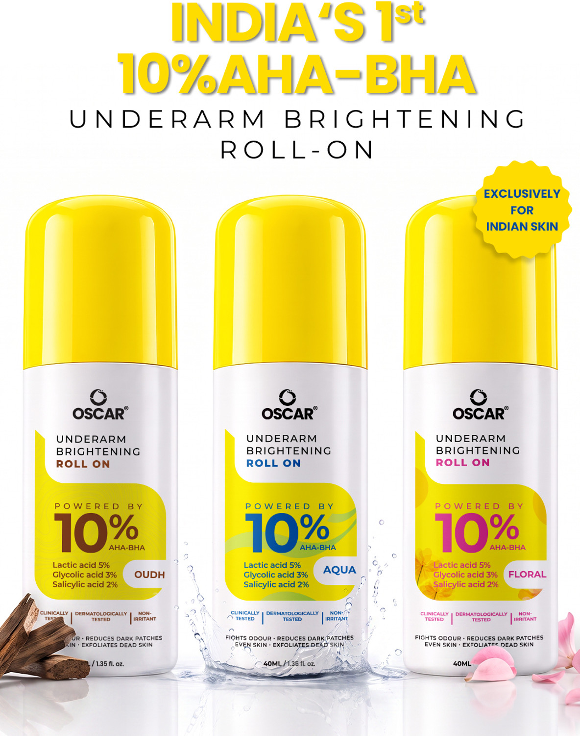 Image of OSCAR 10% AHA BHA Underarm Roll-On | Reduces Pigmentation & Odour | Aqua, Oud & Flora Deodorant Roll-on - For Men & Women