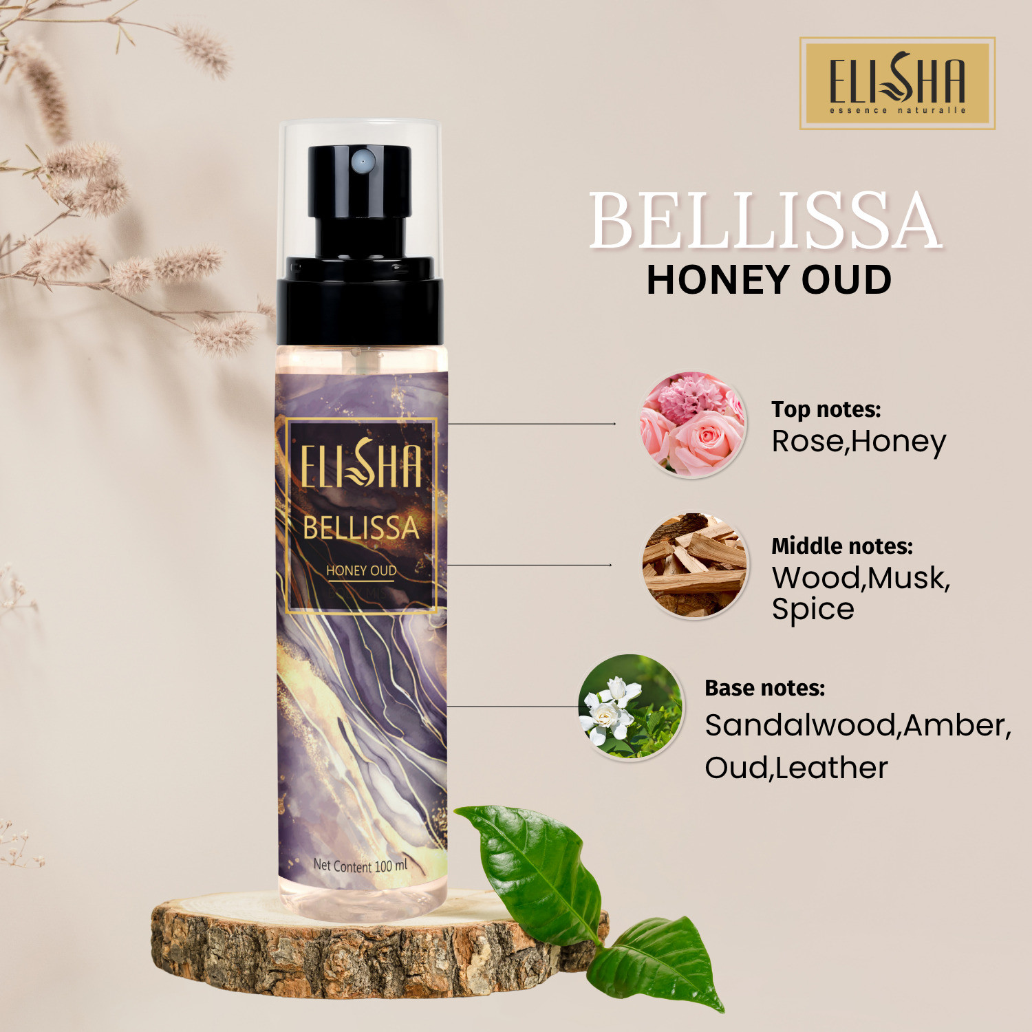 Image of ELISHA Bellissa Honey Oud Perfume - Luxury Floral & Woody Scent, Long-Lasting Body Mist - For Men & Women