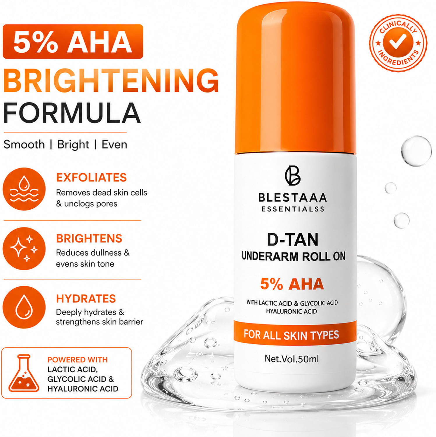 Image of blestaaa essentialss 5% AHA Underarm Roll-On | Lactic Acid & Glycolic Acid| Brightening Smooth Skin Deodorant Roll-on - For Men & Women
