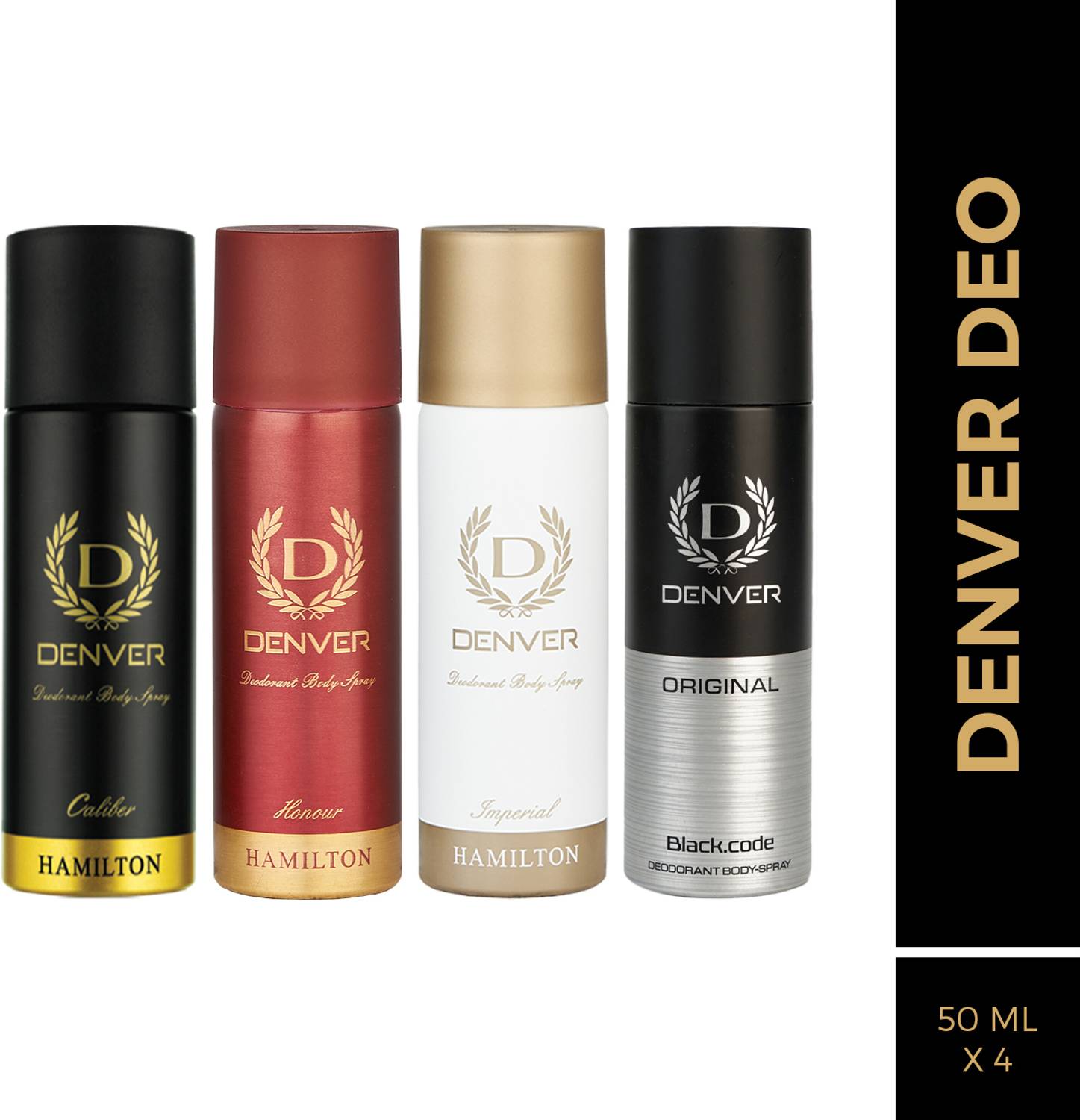 DENVER Imperial, Caliber, Honour, Black.code Deo 50ml x 4 Body Spray - Image 1