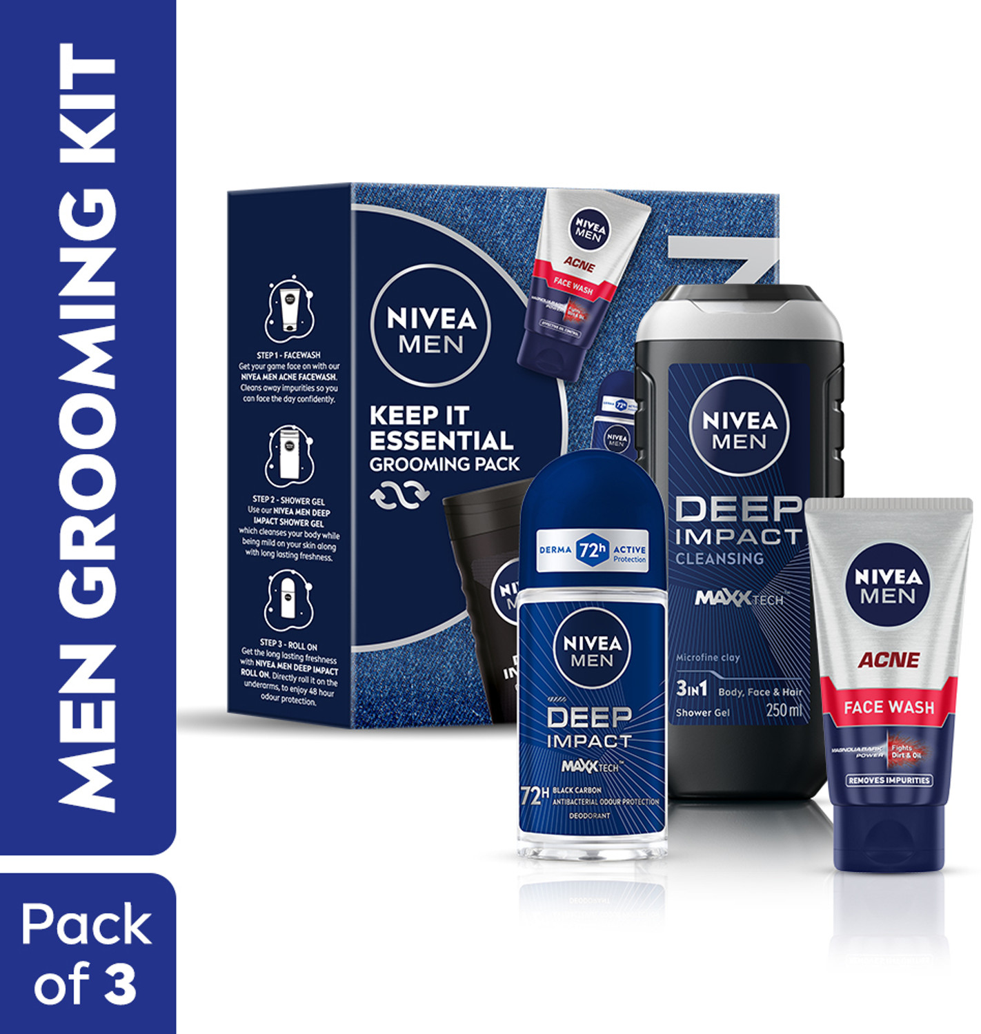 Image of Nivea Men Combo, Gift Hamper for Men, With Body Wash, Face Wash & Roll On, Cleanser Deo Deodorant Roll-on - For Men