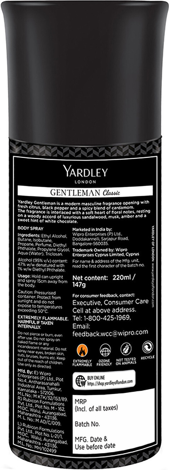 Image of Yardley London by Wipro Gentleman Classic With Woody Fougere Notes Body Deodorant Spray - For Men