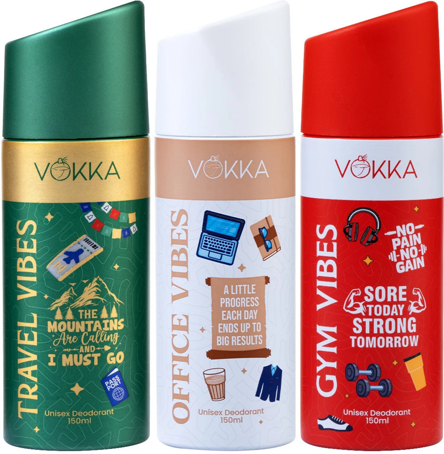 Image of VOKKA Vibes Deodorant Combo Pack | Gym Vibes, Office Vibes, Travel Vibes Long Lasting Deodorant Spray - For Men & Women
