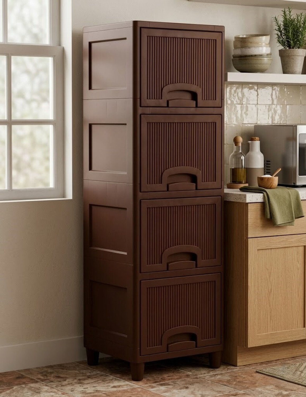 Image of Surety for Safety 4 Compartments Plastic 4 layer drawer Decorative Baskets (Bamboo /Wire)