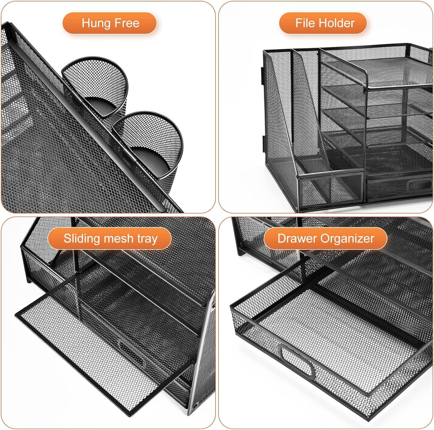 Image of ZODZE 5 Compartments Desk Organizer with File Holder, 5-Tier Paper Letter Tray Organizer with Drawer Mesh Desktop Organizer and Storage with Magazine Holder for Office Supplies