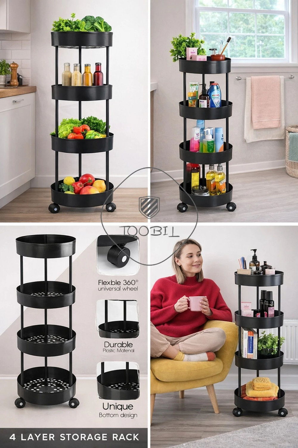 Image of TOOBIL 4 Compartments Plastic Round Shape Storage Trolly Platsic (Black) Plastic Kitchen Trolley