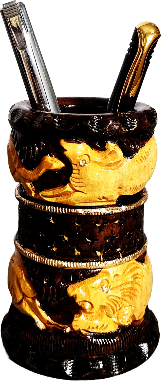 Image of Kachawa genics 1 Compartments Wooden Antique pen stand with intricate jungle wildlife design, perfect for office desk