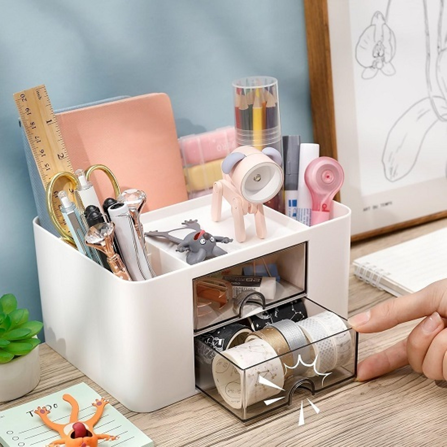 Image of SHIVALAY 5 Compartments Plastic Desk Organizer With Drawer Desktop Office Stationery Storage Box