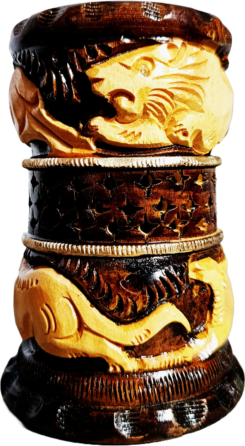 Image of Kachawa genics 1 Compartments Wooden Antique pen stand with intricate jungle wildlife design, perfect for office desk
