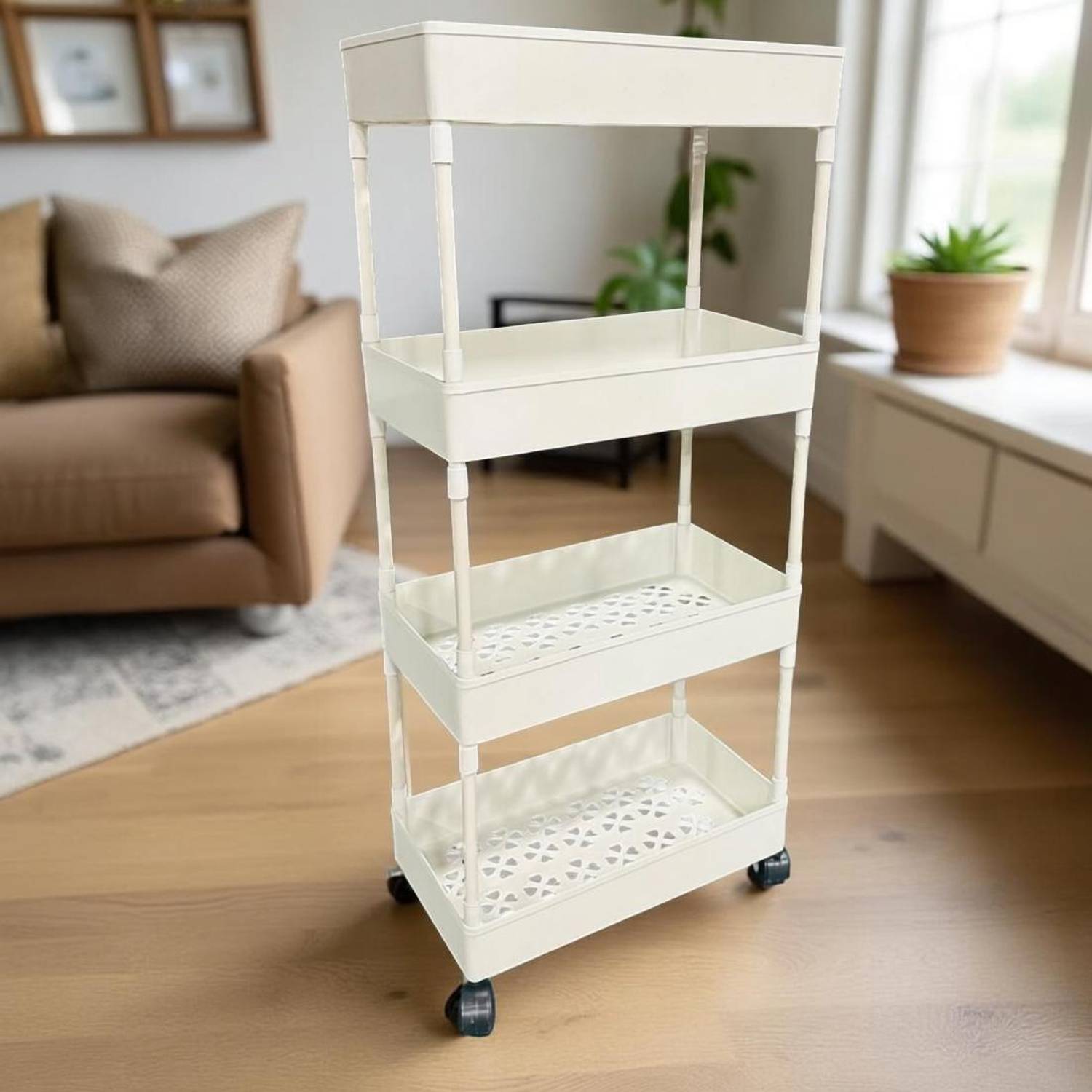 MGKENTERPRISE 4 Compartments plastic 4-tier Storage Rack with Wheels Convenient Movable Floor