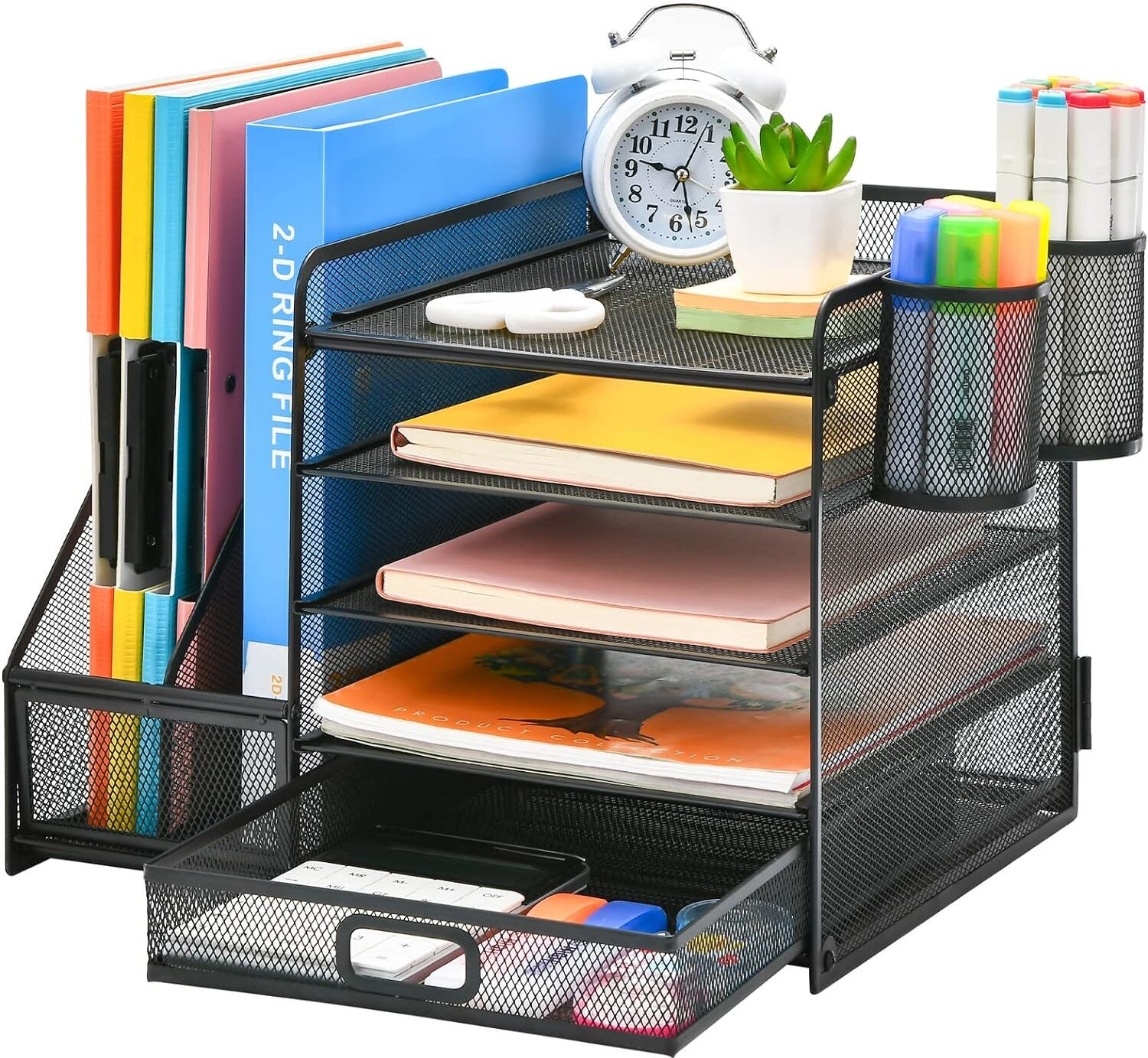 Image of ZODZE 5 Compartments Desk Organizer with File Holder, 5-Tier Paper Letter Tray Organizer with Drawer Mesh Desktop Organizer and Storage with Magazine Holder for Office Supplies