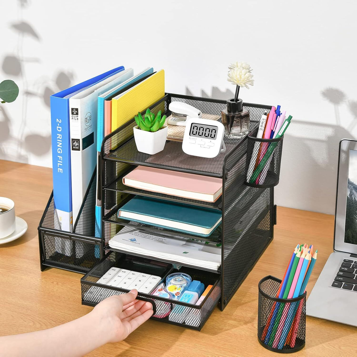 Image of ZODZE 5 Compartments Desk Organizer with File Holder, 5-Tier Paper Letter Tray Organizer with Drawer Mesh Desktop Organizer and Storage with Magazine Holder for Office Supplies