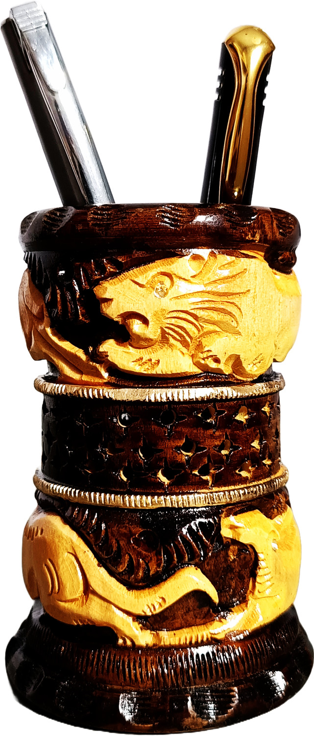 Image of Kachawa genics 1 Compartments Wooden Antique pen stand with intricate jungle wildlife design, perfect for office desk