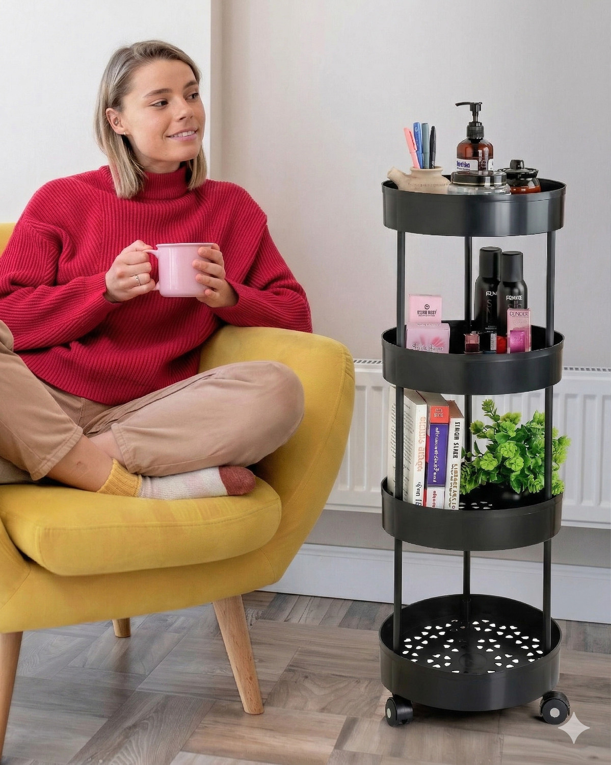 Image of TOOBIL 4 Compartments Plastic Round Shape Storage Trolly Platsic (Black) Plastic Kitchen Trolley