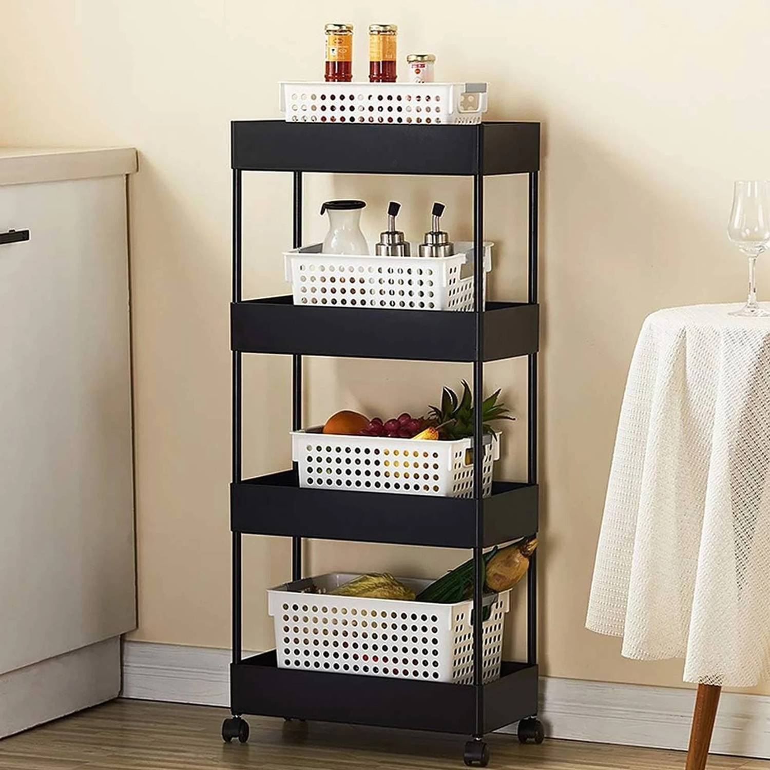 Pinkwhale 4 Compartments Plastic Storage Trolly (Black)