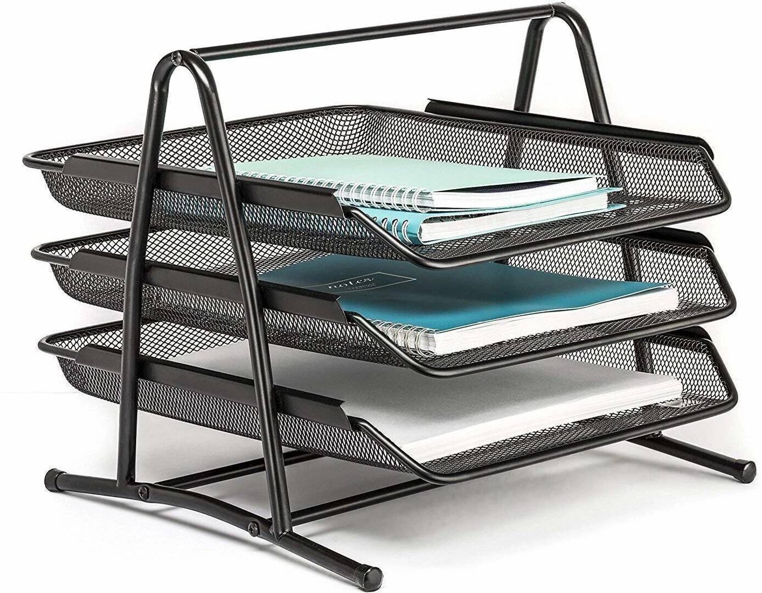 ADDCART 3 Compartments Metal File Rack Desk Organizer Mesh Document Tray Letter Tray Stand