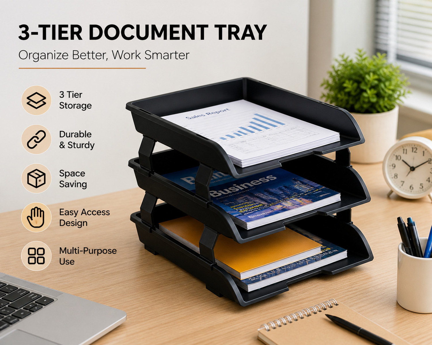 Image of Sumoware 3 Compartments ABS Plastics File Tray Rack