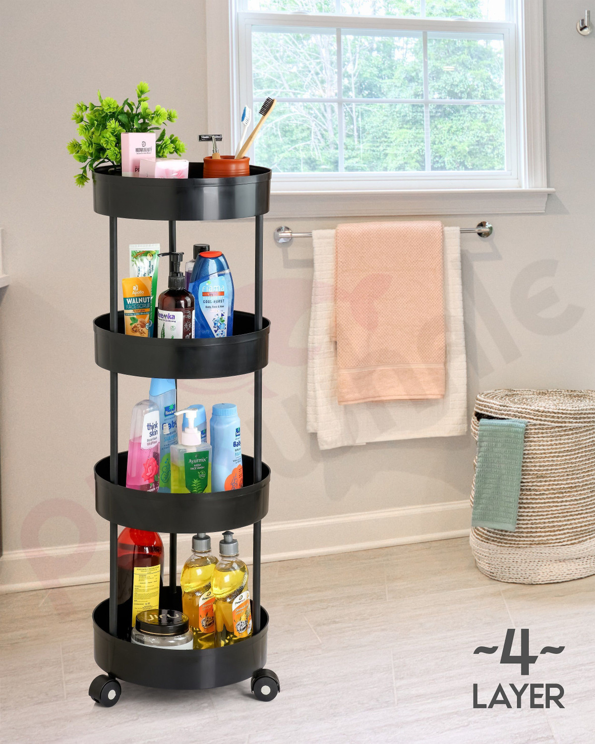 Image of Pinkwhale 4 Compartments Plastic Round Shape Storage Trolly Platsic