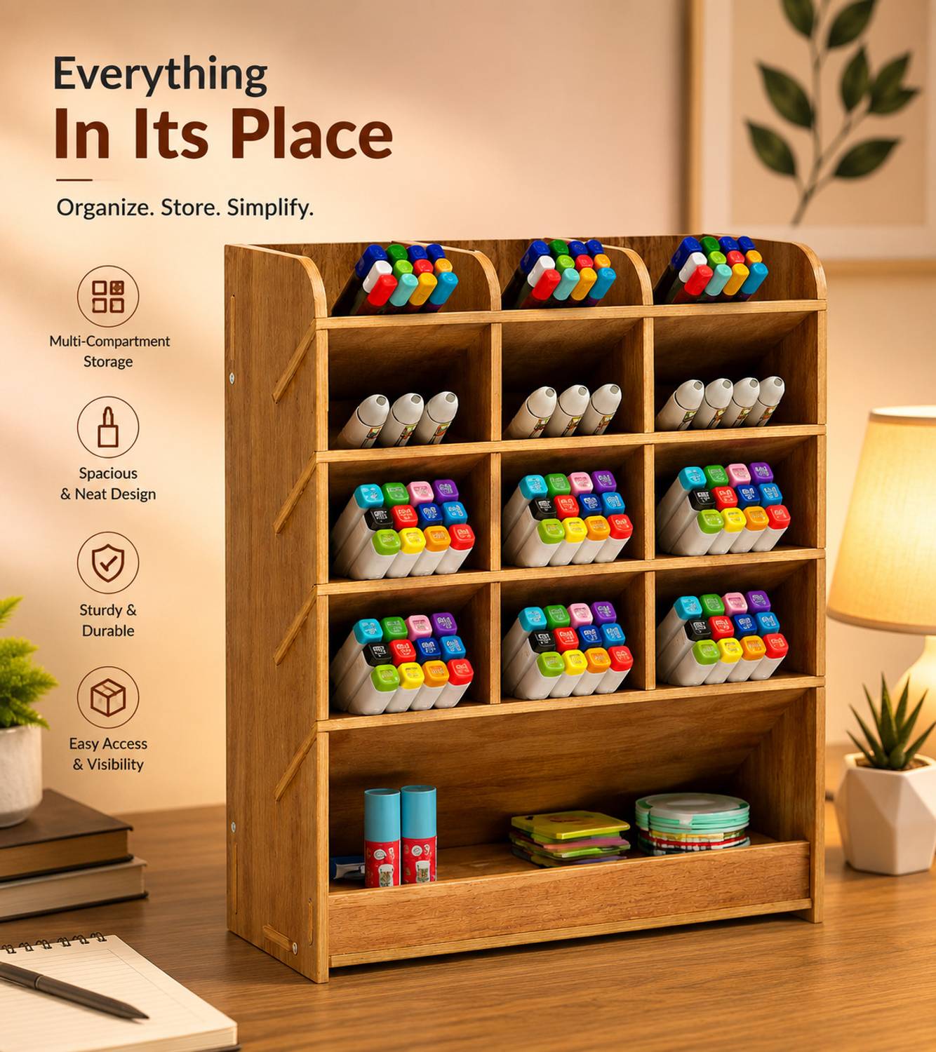 Expro 15 Compartments Wooden Desktop Storage Organizer (Brown)