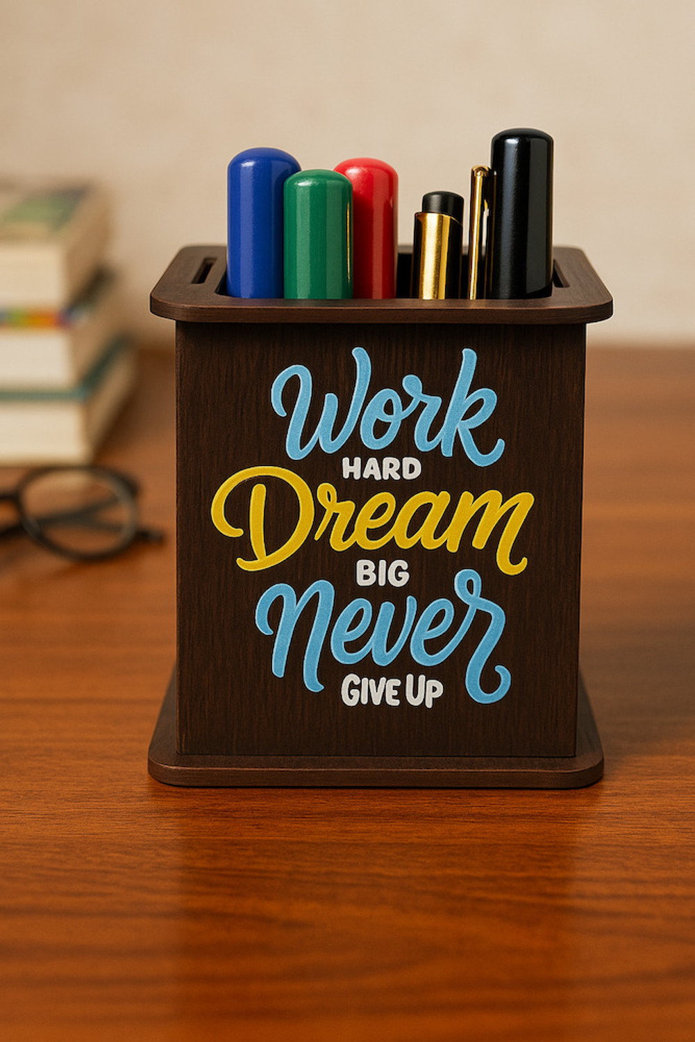 Image of Craftzo 1 Compartments Premium Wood Finish UV Printed Pen Stand / Pen Holder / Desk organiser