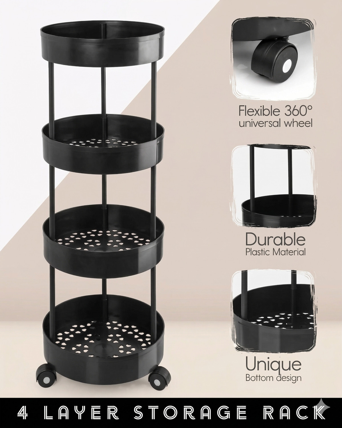 Image of TOOBIL 4 Compartments Plastic Round Shape Storage Trolly Platsic (Black) Plastic Kitchen Trolley