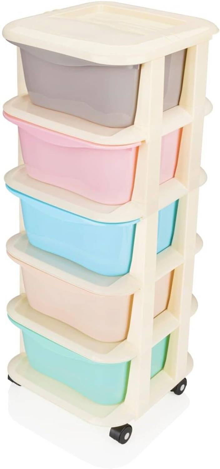 AK10ZONE 5 Layer Modular Plastic Storage Rack with RAINBOW-Color Pull-Out Bins Drawer Divider