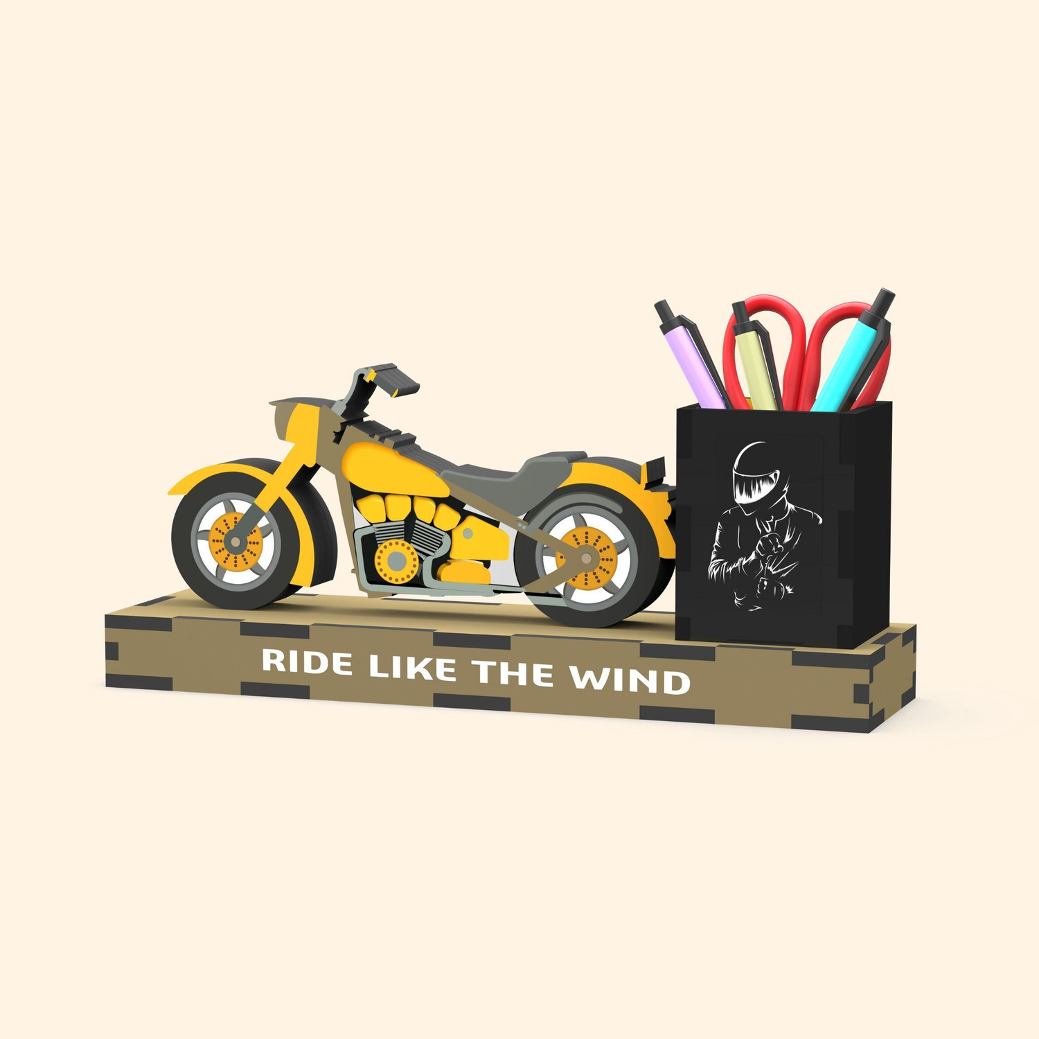Makertech Gifting 1 Compartments Motorcycle Wooden Pen Stand (Yellow ...