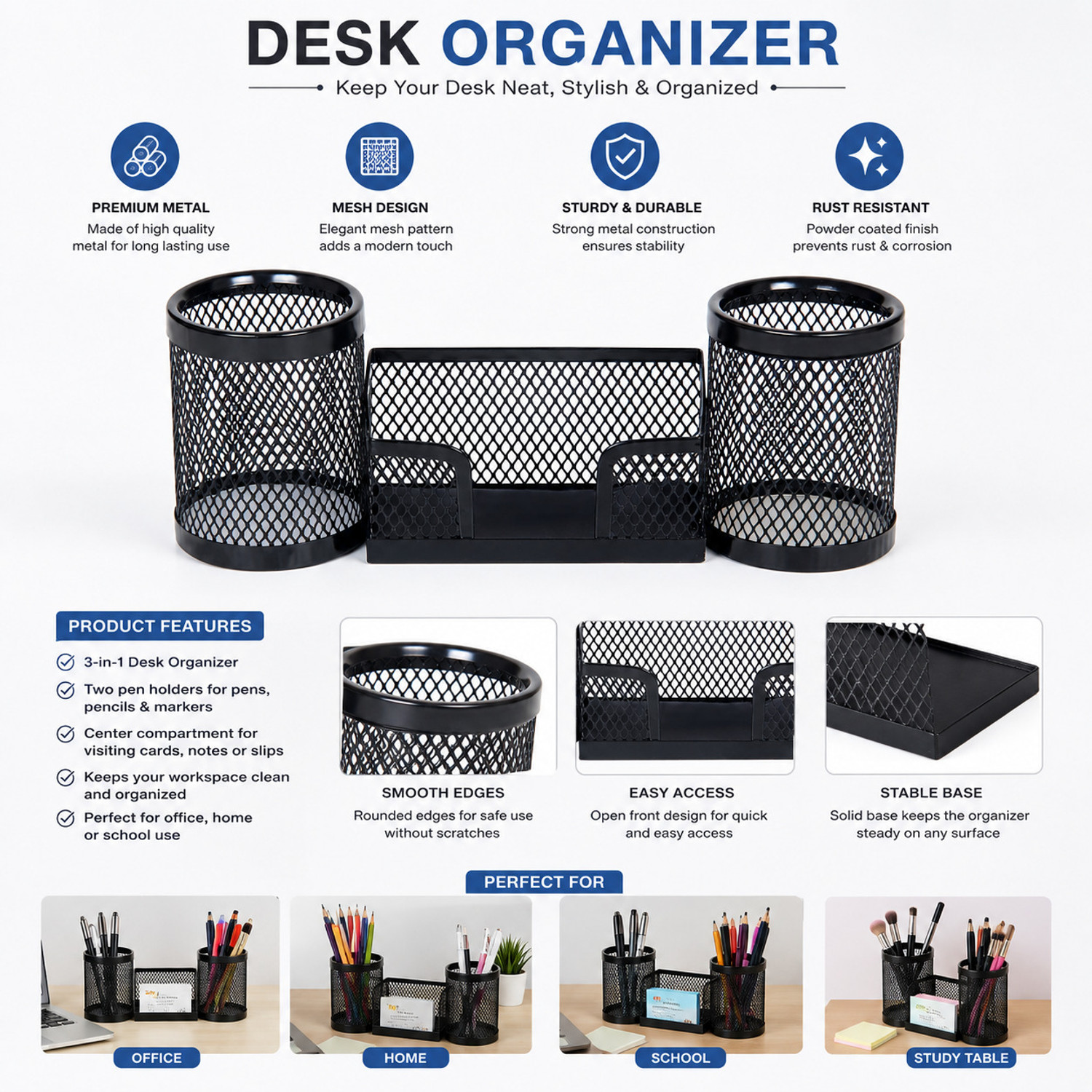 Image of PANKU 3 Compartments Mesh Iron Desk Organiser