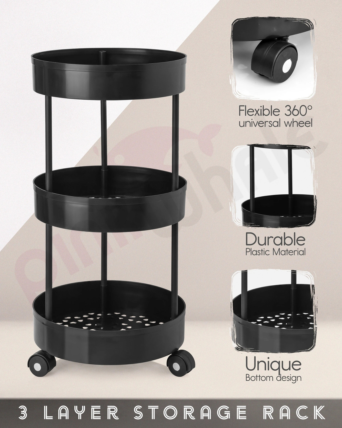 Image of Pinkwhale PNW ROUND TROLLY 3BLACK Plastic Kitchen Trolley