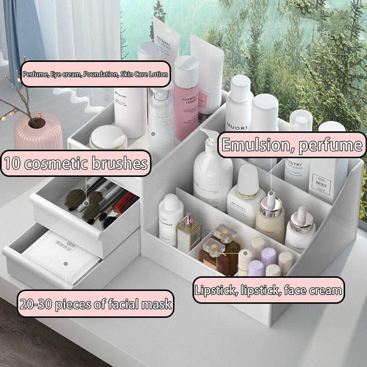 Image of AK10ZONE 7 Compartments Plastic Countertop Storage for Dressing Table & Stationery items
