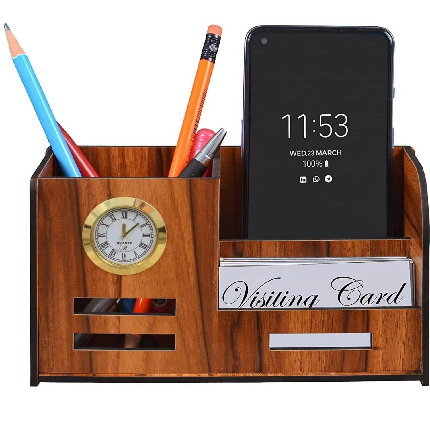 Wonders Impex 3 Compartments Wooden Pen Stand & Visiting Card Holder