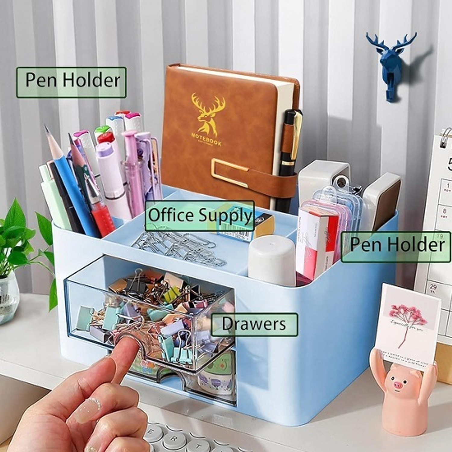 Image of Shivaly 5 Compartments Plastic Desk Organizer With Drawer Desktop Office Stationery Storage Box