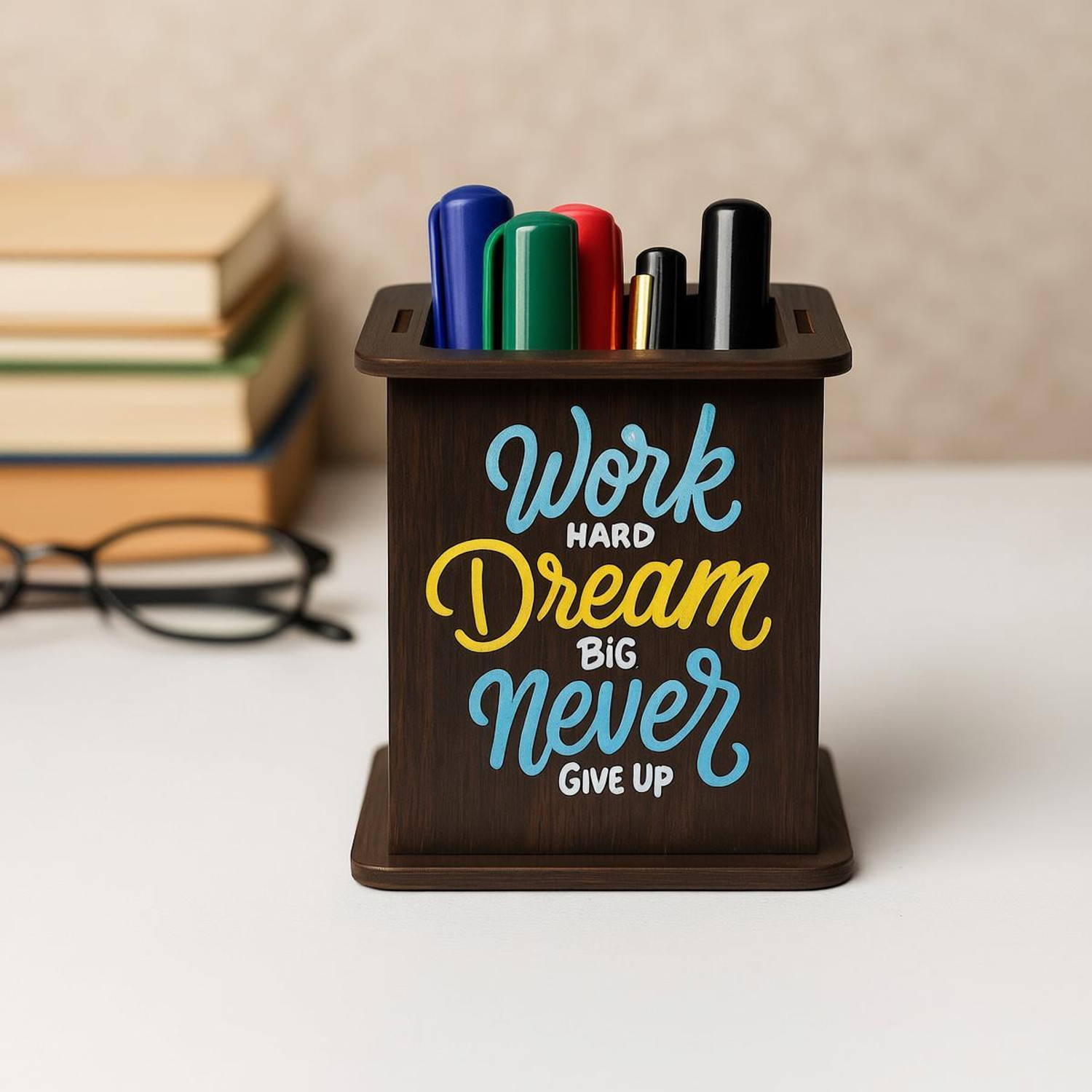 Image of Craftzo 1 Compartments Premium Wood Finish UV Printed Pen Stand / Pen Holder / Desk organiser