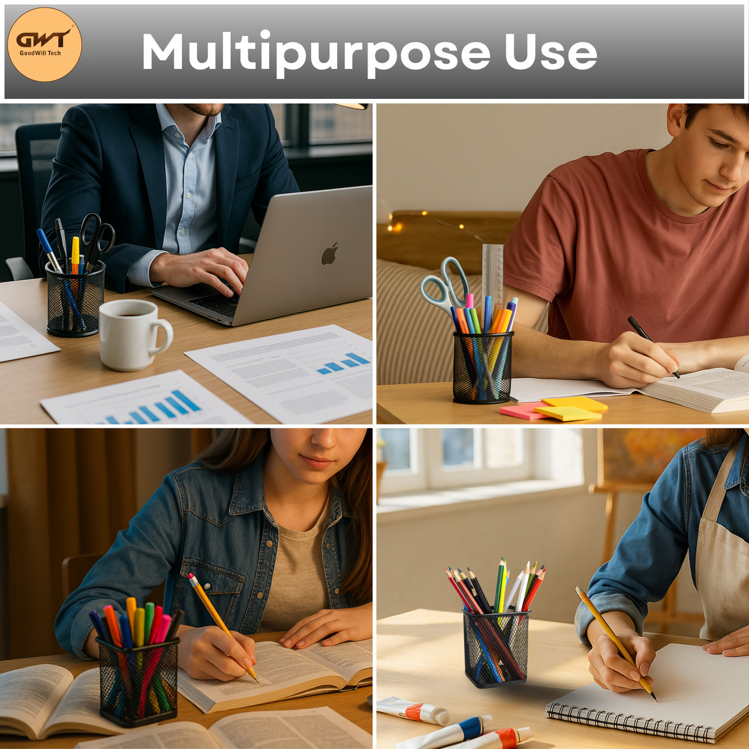 Image of glanz 2 Compartments Metal Metal Pen Holder, Pencil Holder, Pen Stand, Pencil Cup Holder Study Table Desk Pen Organizer For Home Office Supplies Mesh Pen Holder