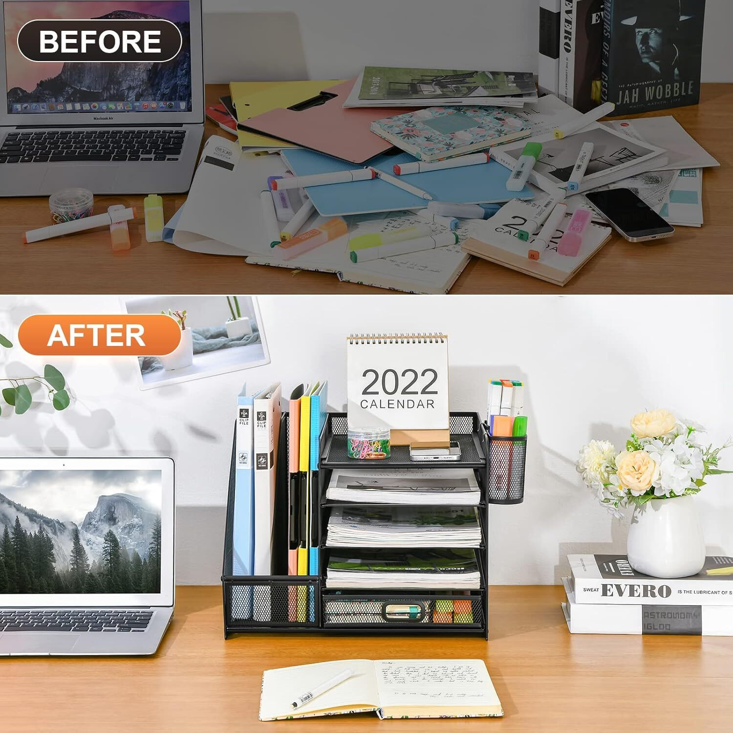 Image of ZODZE 5 Compartments Desk Organizer with File Holder, 5-Tier Paper Letter Tray Organizer with Drawer Mesh Desktop Organizer and Storage with Magazine Holder for Office Supplies