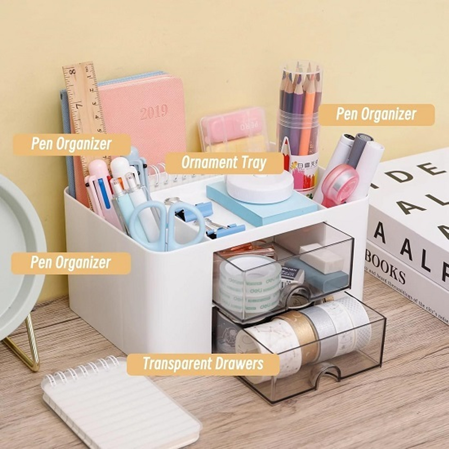 Image of SHIVALAY 5 Compartments Plastic Desk Organizer With Drawer Desktop Office Stationery Storage Box