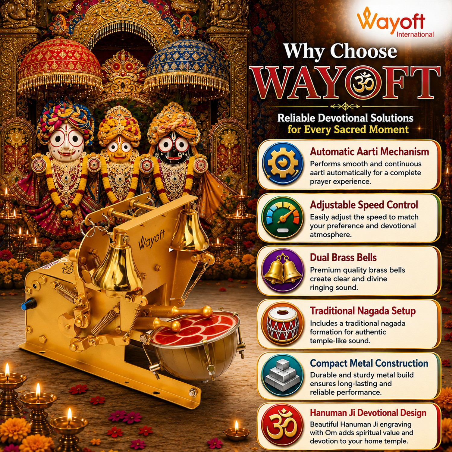 Image of WAYOFT INTERNATIONAL HanumanJi Engraved Automatic Electric Small Aarti Machine for Home Temple Nut & Bolts Dholak