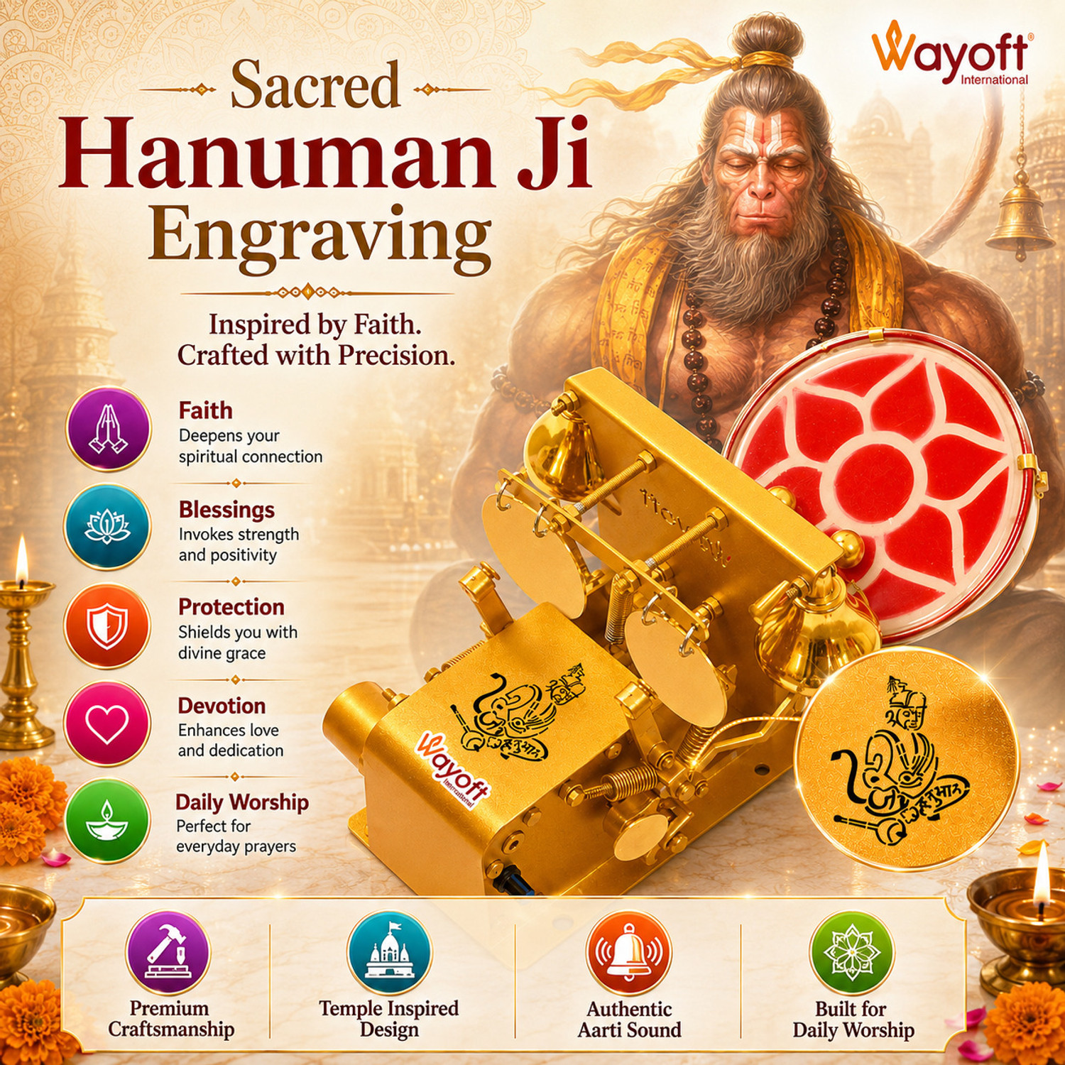 Image of WAYOFT INTERNATIONAL HanumanJi Engraved Automatic Electric Small Aarti Machine for Home Temple Nut & Bolts Dholak