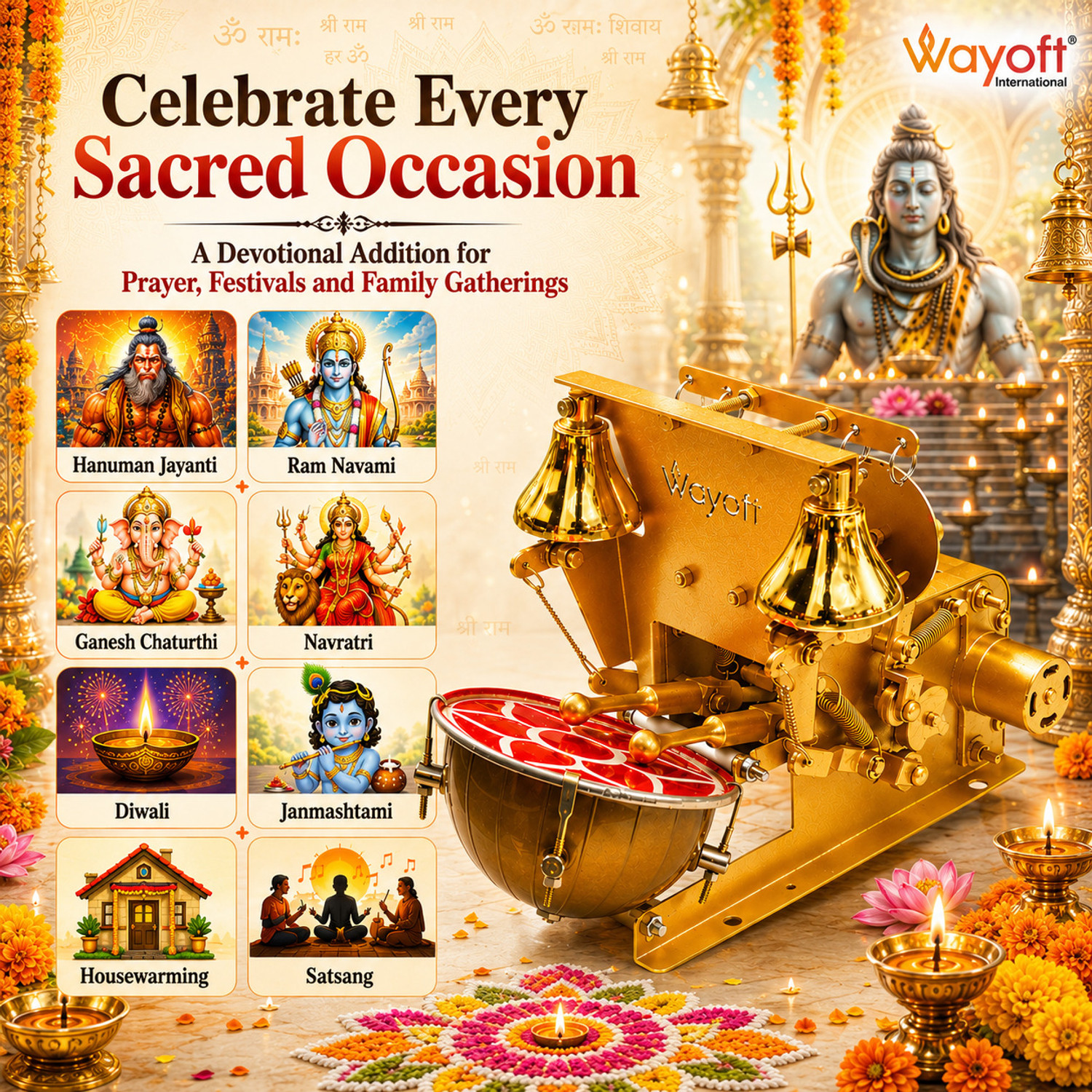 Image of WAYOFT INTERNATIONAL HanumanJi Engraved Automatic Electric Small Aarti Machine for Home Temple Nut & Bolts Dholak