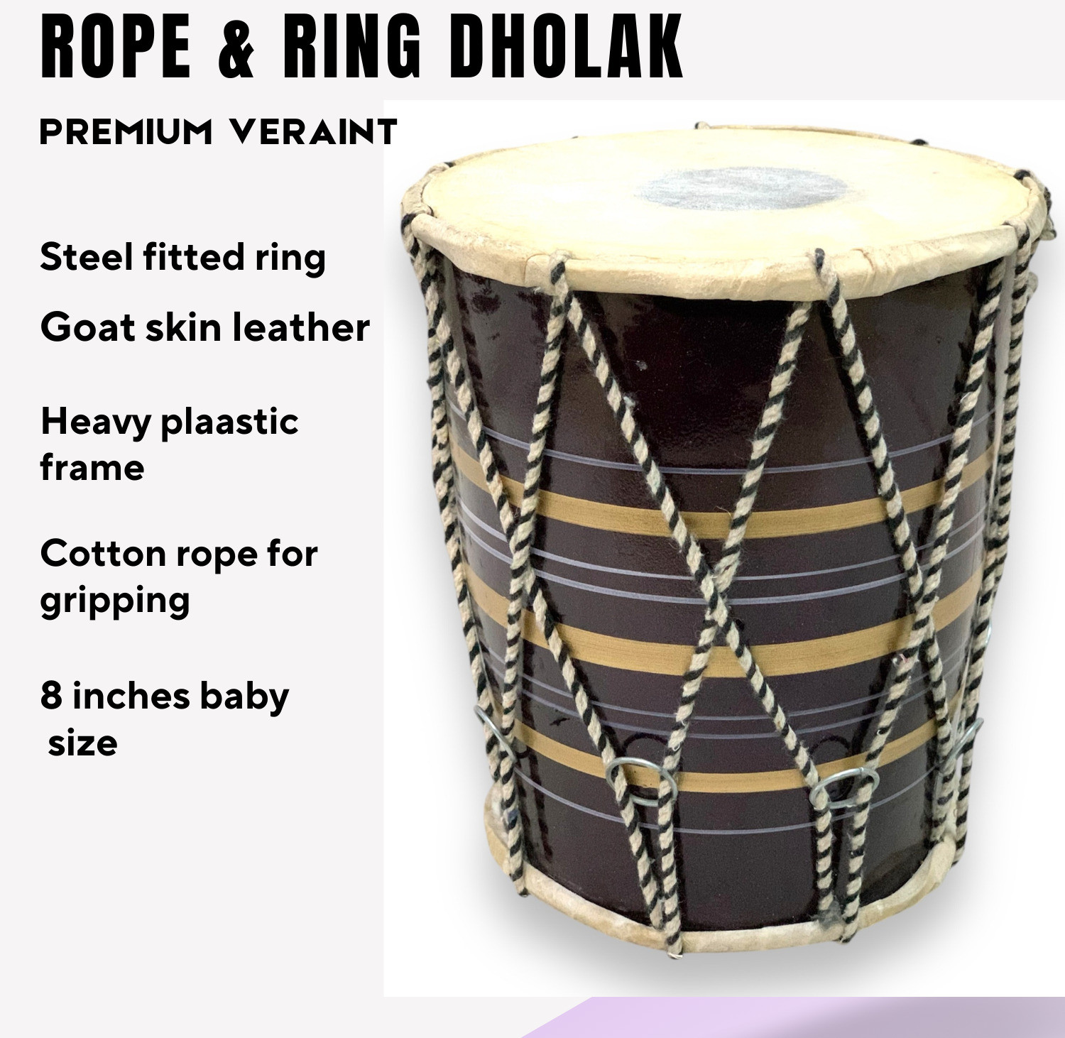 Image of DHOLX Traditional Wooden Dholak | 8 inches | For Puja & Folk Music | Rope & Rings Dholak